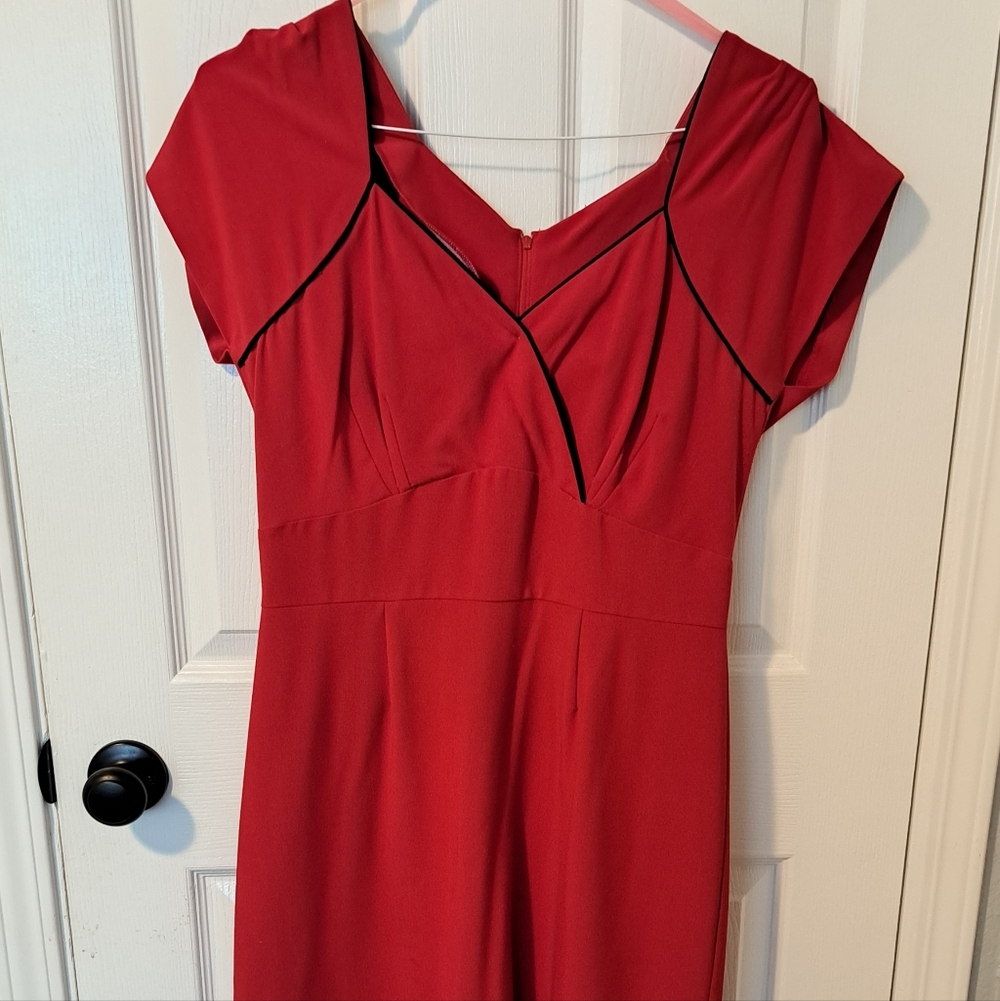 Stop Staring Red Midi Dress with Black Accents